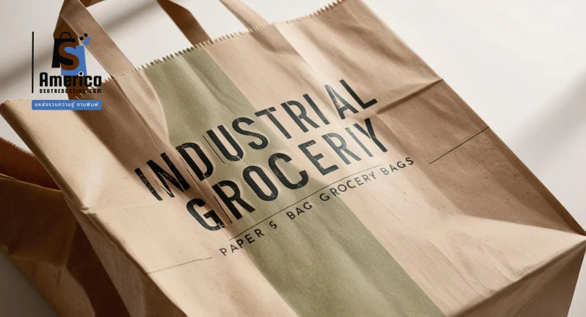 ถุงกระดาษสีน้ำตาลลายข้อความ Industrial Grocery เหมาะสำหรับร้านขายของชำและซูเปอร์มาร์เก็ต