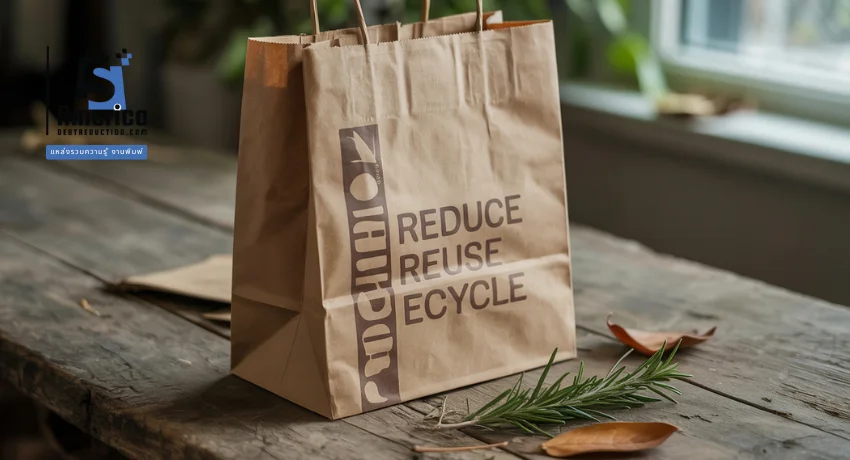 ถุงกระดาษรีไซเคิลสีน้ำตาล พร้อมข้อความ Reduce Reuse Recycle สำหรับการส่งเสริมสิ่งแวดล้อม