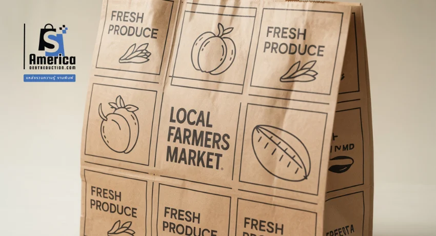 ถุงกระดาษร้านค้าตลาดสด ลาย Fresh Produce และ Local Farmers Market เหมาะสำหรับบรรจุผักและผลไม้